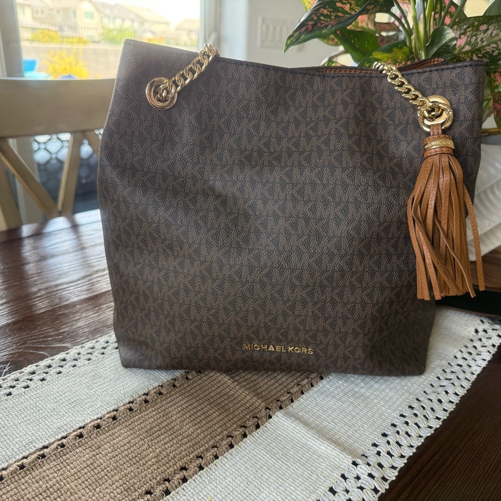 Michael Kors Gold and Brown Shoulder Bag with Tassel